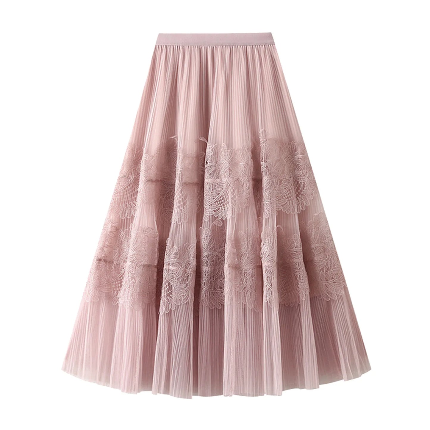 Women Mid Length Skirts Dance Party A Line High Waisted Lace Tulle Skirt Pleated Mesh Half Skirts Holiday Party Costumes