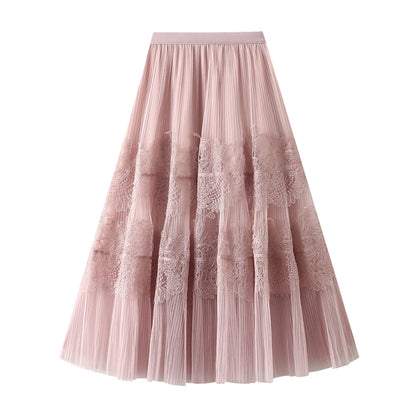 Women Mid Length Skirts Dance Party A Line High Waisted Lace Tulle Skirt Pleated Mesh Half Skirts Holiday Party Costumes