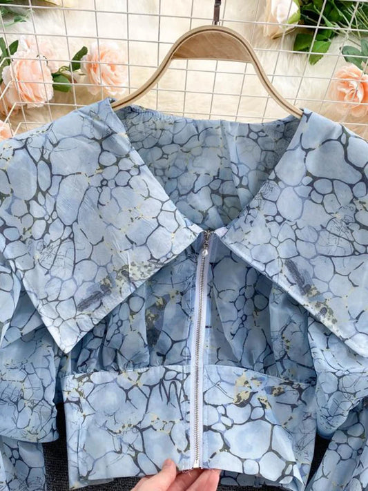 Women's  Autumn Spring Blouse European Court Style Retro Puff Sleeve Big Lapel Short Zipper Printed Shirts Female Blusa PL541
