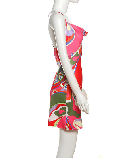 Weird Puss Colorful Print Dress Women Backless Sleeveless Tight Summer Midnight Sexy Peach Hip Hottie Club Trend Hipster Bodycon