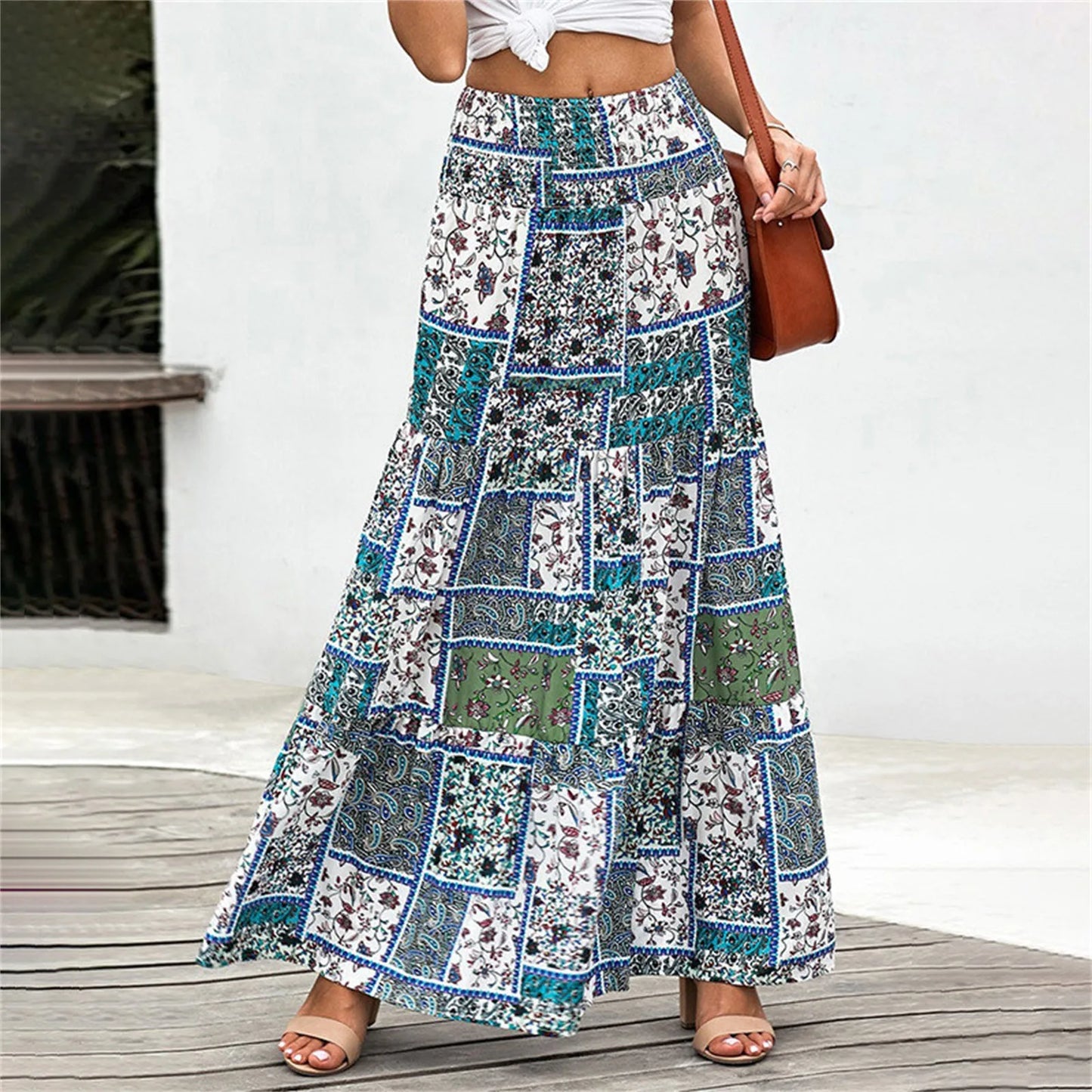 Women Skirts New Fashion All-Match Skirt Loose Elastic Waist Floral Print Ethenic Style Boho Skirt Bohemian Vintage Skirt