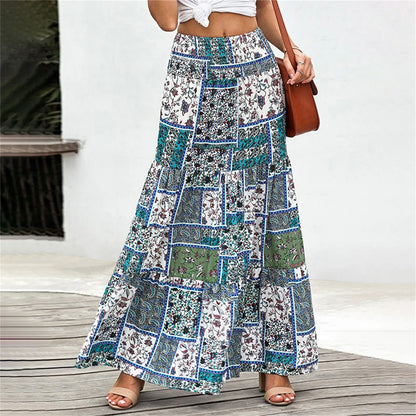 Women Skirts New Fashion All-Match Skirt Loose Elastic Waist Floral Print Ethenic Style Boho Skirt Bohemian Vintage Skirt