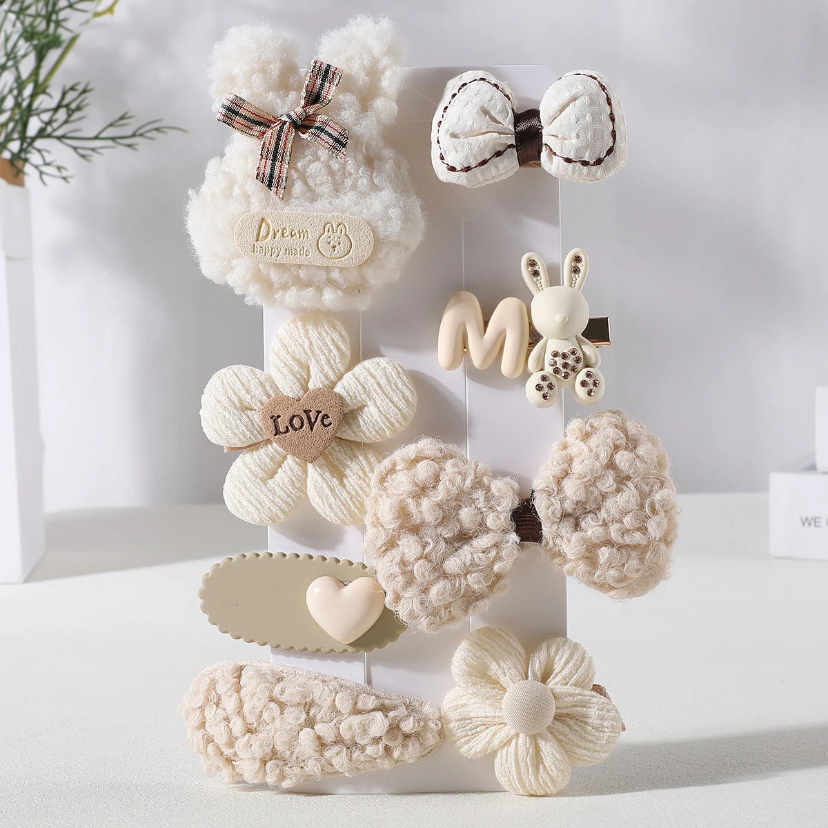 8Pcs/Set Korean Cartoon Hair Clips for Girls Winter Cute Plush Flower Rabbit Hairpins Knitting Barrettes Kids Hair Accessories