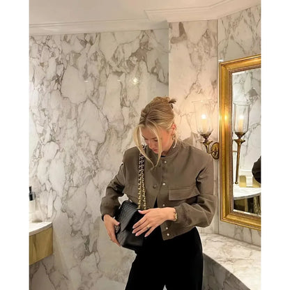 Women Fashion with Pockets Cropped Bomber Jacket Coat Vintage Long Sleeve Front Button Female Outerwear Chic Tops y2k clothes
