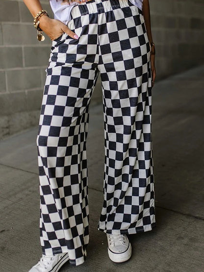 Womens Checkered Wide Leg Pants High Elastic Waisted Straight Loose Fitted LoungeTrouser Y2k Korean Streetwear