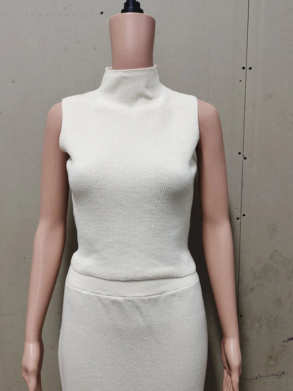 Autumn Elegant Long Skirt Two-piece Set Women's Sleeveless Knitted Turtleneck Vest Slim Skirt Set Female New Fashion Skirt Set
