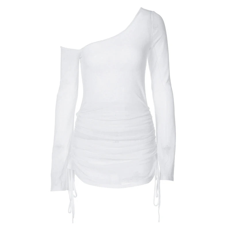 Dulzura Solid Skew Collar Ruched Straps Lace-Up See Through Draw String Mini Dress 2025 Summer  Women Party Clubwear Wholesale