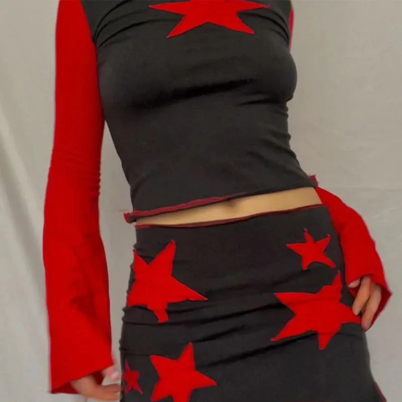 Y2K Flared Long Sleeve Cropped Pentagram Tee and Y2K Gothic Harajuku Streetwear Women's Aesthetic Summer Chic Fabric EMO