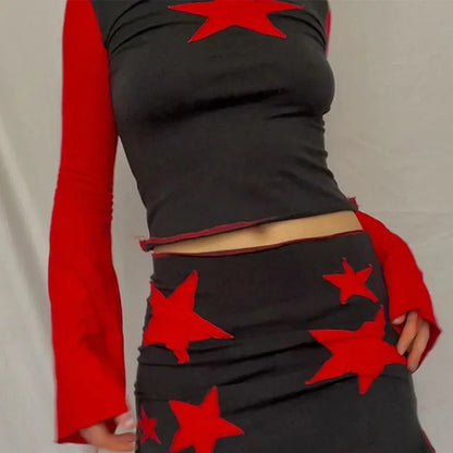 Y2K Flared Long Sleeve Cropped Pentagram Tee and Y2K Gothic Harajuku Streetwear Women's Aesthetic Summer Chic Fabric EMO