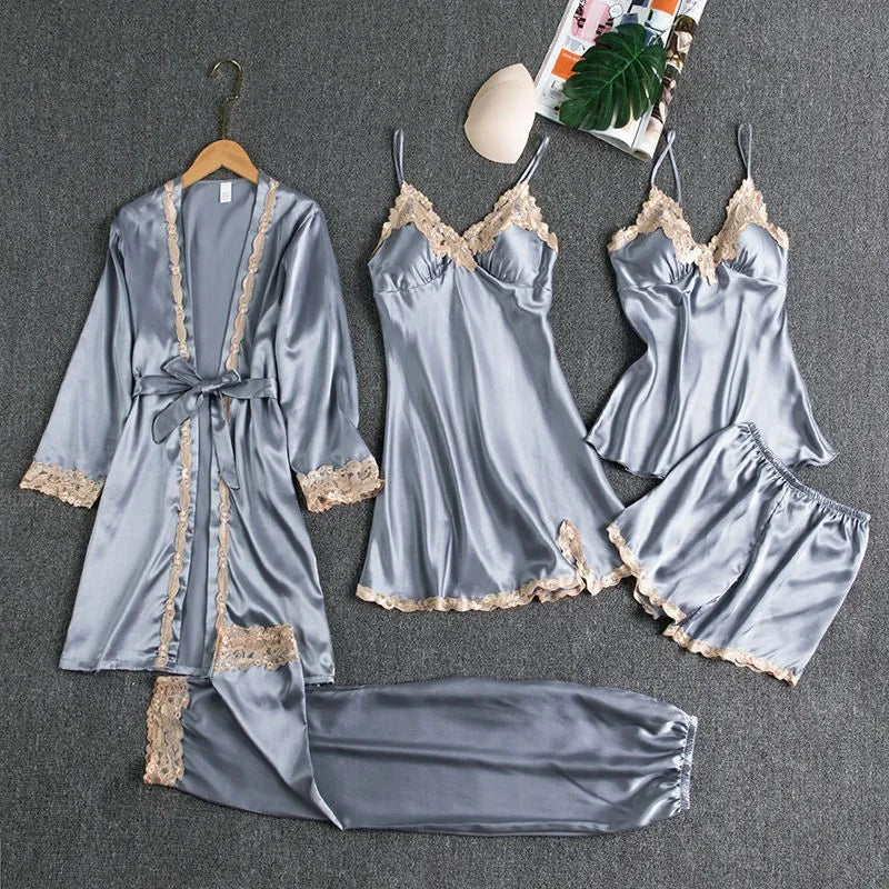 2024 New Style Pajamas Set with Bra Pads, Silk Sexy Strappy Golden Floral Five-Piece Pajamas Thin Homewear