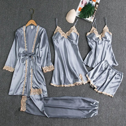 2024 New Style Pajamas Set with Bra Pads, Silk Sexy Strappy Golden Floral Five-Piece Pajamas Thin Homewear