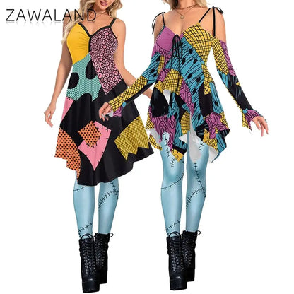 Zawaland Christmas Horror Sally Cosplay Costume Zombie Dress for Women Halloween Dress Up Funny Party Dresses Leggings Suit