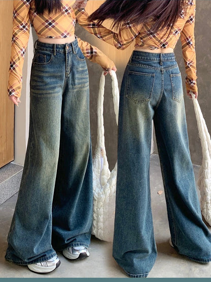 Women's Jeans Denim Pants 2025 Euramerican High Waist Girl Style Jean Trousers Colorful Straight Leg Wide Leg Pants
