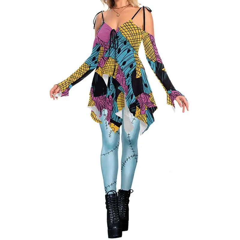 Zawaland Christmas Horror Sally Cosplay Costume Zombie Dress for Women Halloween Dress Up Funny Party Dresses Leggings Suit