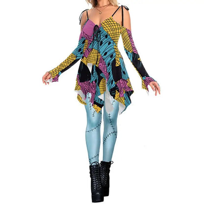 Zawaland Christmas Horror Sally Cosplay Costume Zombie Dress for Women Halloween Dress Up Funny Party Dresses Leggings Suit