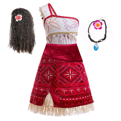 EtherealBe kids Moana 2 Halloween costume featuring a red dress, necklace, and hair accessory