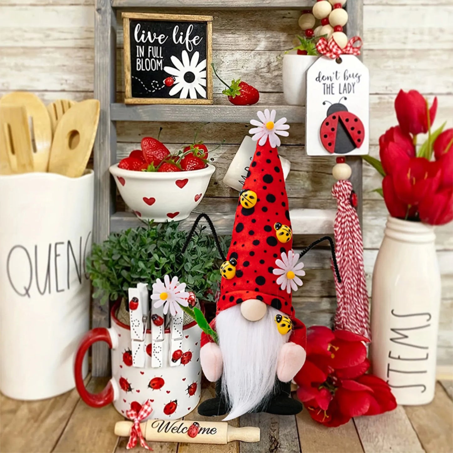 Ladybug Gnomes Kitchen Tiered Tray Decor Plush Swedish Tomte Scandinavian Figurine Spring Summer Farmhouse Household Ornament