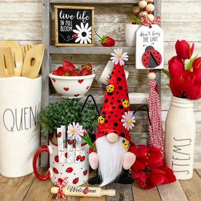 Ladybug Gnomes Kitchen Tiered Tray Decor Plush Swedish Tomte Scandinavian Figurine Spring Summer Farmhouse Household Ornament
