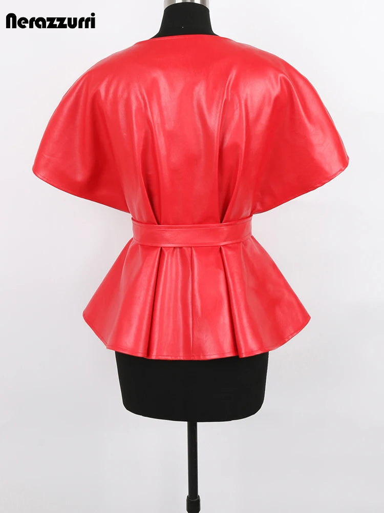 Nerazzurri Spring Short Red Faux Leather Vest Women Belt Runway Fashion Elegant Luxury Designer Clothes Sleeveless Jacket 2022