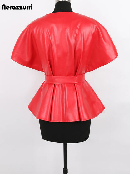 Nerazzurri Spring Short Red Faux Leather Vest Women Belt Runway Fashion Elegant Luxury Designer Clothes Sleeveless Jacket 2022