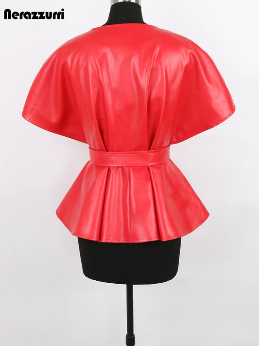 Nerazzurri Spring Short Red Faux Leather Vest Women Belt Runway Fashion Elegant Luxury Designer Clothes Sleeveless Jacket 2022