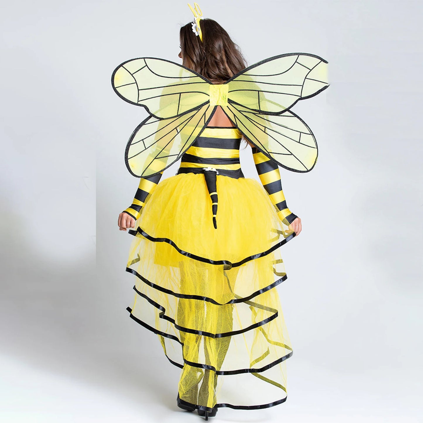 EtherealBe women's bee costume for Halloween with wings and layered yellow skirt