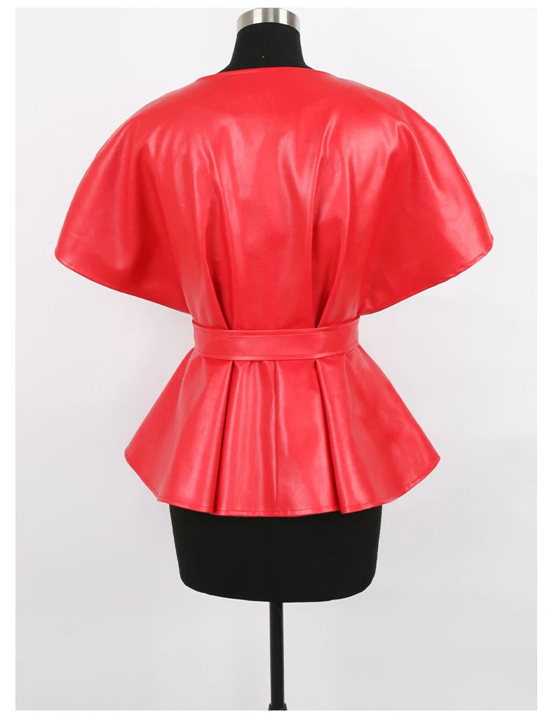 Nerazzurri Spring Short Red Faux Leather Vest Women Belt Runway Fashion Elegant Luxury Designer Clothes Sleeveless Jacket 2022