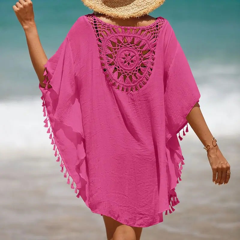 Women Casual Bohemian Holiday Outfits Beachwear Bikini Cover Up Summer Solid Color Hollow Out Beach Dress