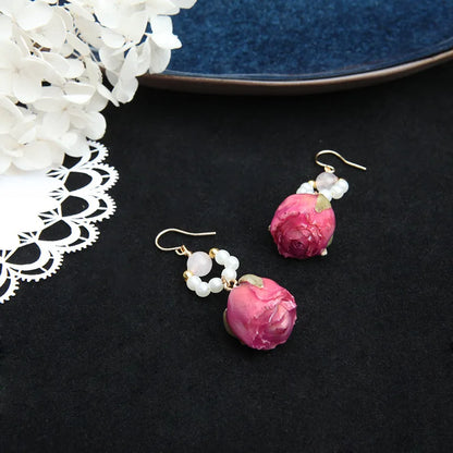 Unique Immortal Flower Earrings Elegant Natural Flower Pearl Drop Earrings Statement Jewelry Epoxy Resin Real Rose Earring 2024