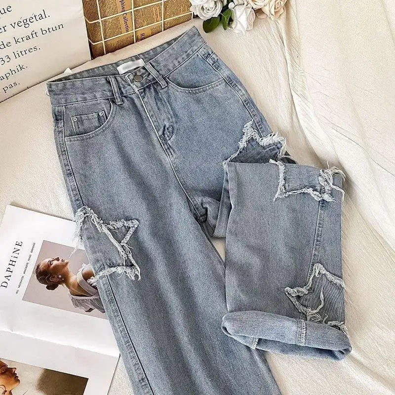 1pcs Streetwear Blue Stars Korean Fashion Denim Y2k Vintage Clothes Women Straight Leg High Waist Jeans