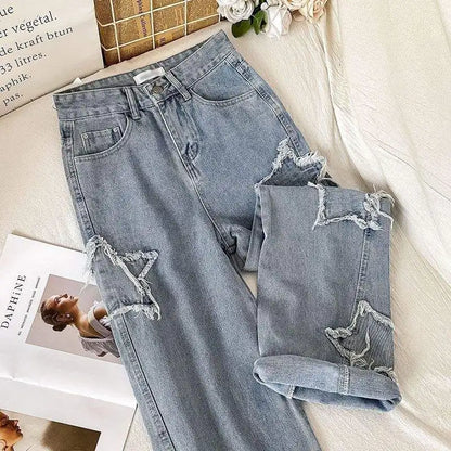 1pcs Streetwear Blue Stars Korean Fashion Denim Y2k Vintage Clothes Women Straight Leg High Waist Jeans