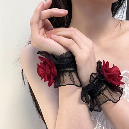 Lolita Short Hand Sleeve Gloves Lace Rose Flower Wrist Cuffs Ruffled Floral Elastic Bracelet Women Cosplay Clothing Wristband