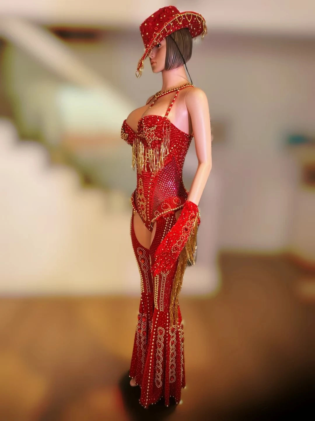 Women Sparkly Rhinestone Red Bodysuit 4Pieces Set Nightclub Party Stage Show Outfit Cabaret Carnival Showgirl Sexy Wear Hongding