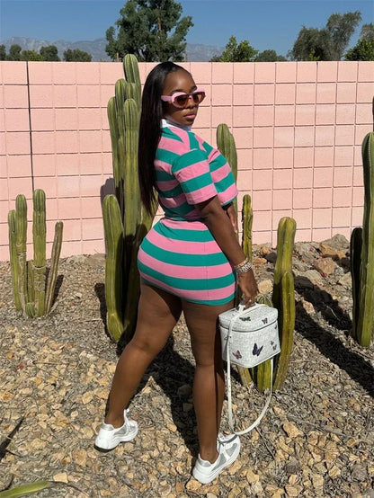 Sporty Fitness Striped Print 2 Pieces Set for Woman Streetwear Casual Turn-down Collar Shirt Crop Top and Mini Skirt Sets Summer