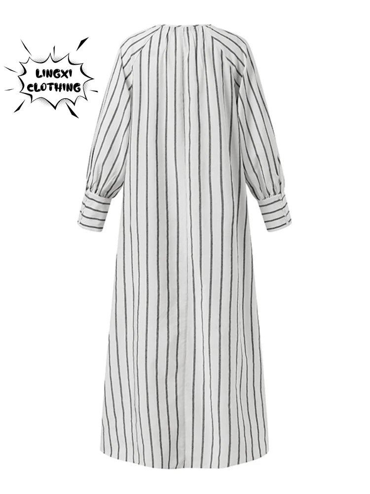 Women's 2023 Cotton Linen Stripe Round Neck Long Sleeve Simple Loose Long Pullover Dress Vintage Elegant Women's Dress Robe