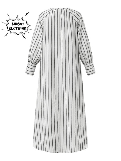 Women's 2023 Cotton Linen Stripe Round Neck Long Sleeve Simple Loose Long Pullover Dress Vintage Elegant Women's Dress Robe