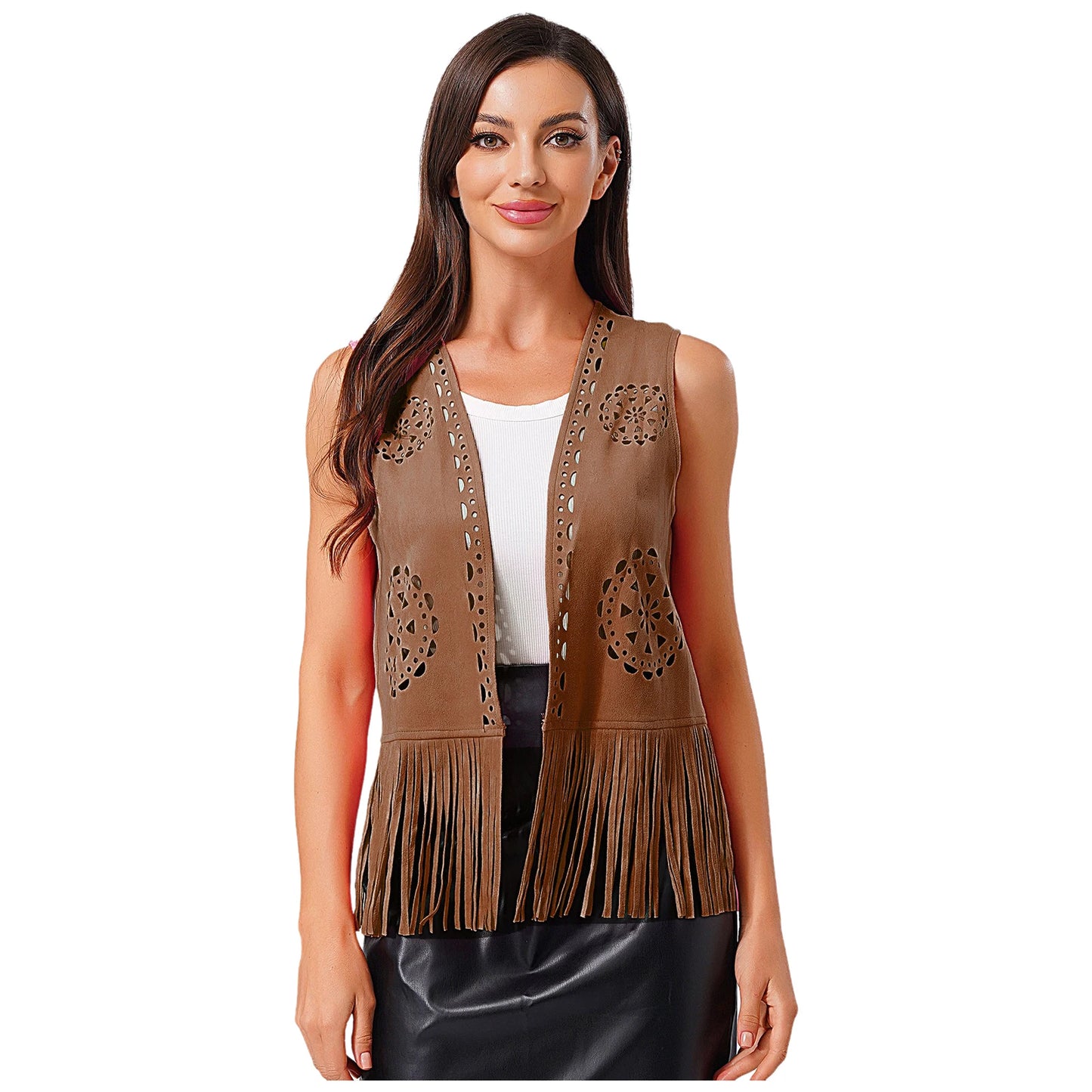 Womens Western Cowgirl Hippy Cosplay Costume Vintage Hollow Out Tassel Tank Tops Fringe Vest 70s Disco Faux Suede Waistcoat