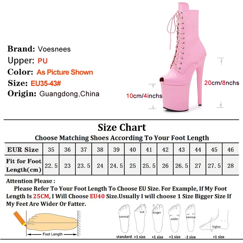 2025 New Pink Peep Toe 20cm/8Inch High Stripper Pole Dancing Women's Shoes Women Sexy Fetish Stiletto Heels Lace Up Short Boots