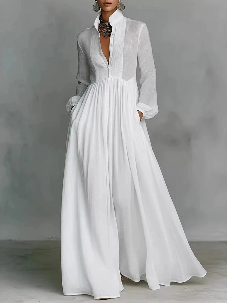 Spring Women's Standing Collar Long Sleeved Loose Dress White Button Pockets Holiday Robe Dress Fashion Pleated High Waist Dress