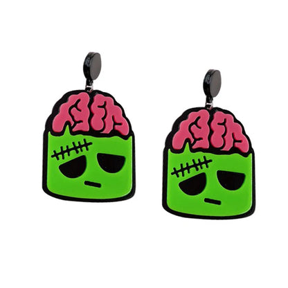 EtherealBe Halloween earrings for women featuring quirky green Frankenstein design with pink brains