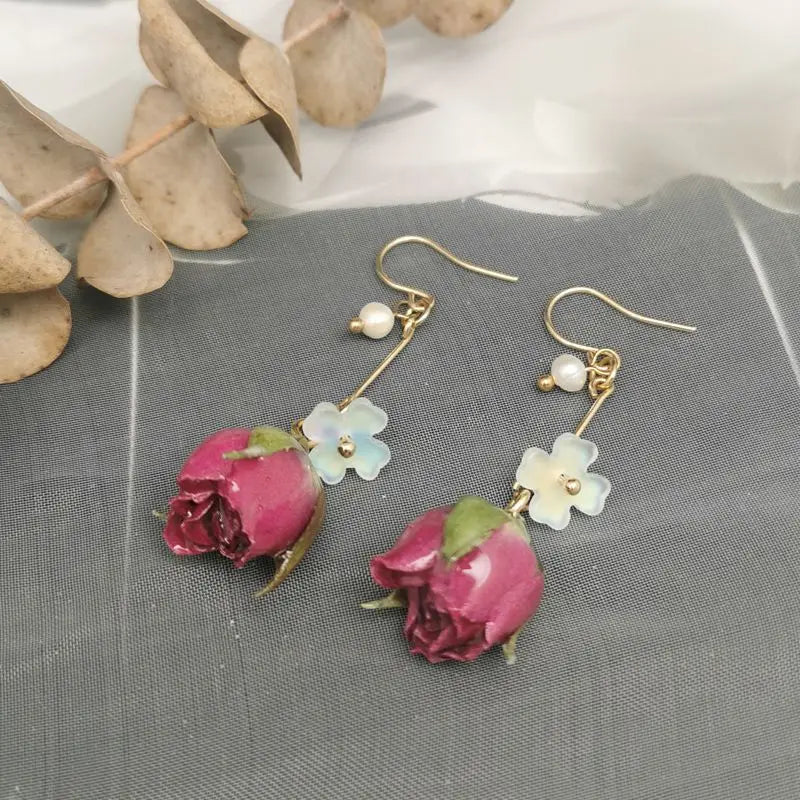 Unique Immortal Flower Earrings Elegant Natural Flower Pearl Drop Earrings Statement Jewelry Epoxy Resin Real Rose Earring 2024
