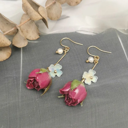 Unique Immortal Flower Earrings Elegant Natural Flower Pearl Drop Earrings Statement Jewelry Epoxy Resin Real Rose Earring 2024