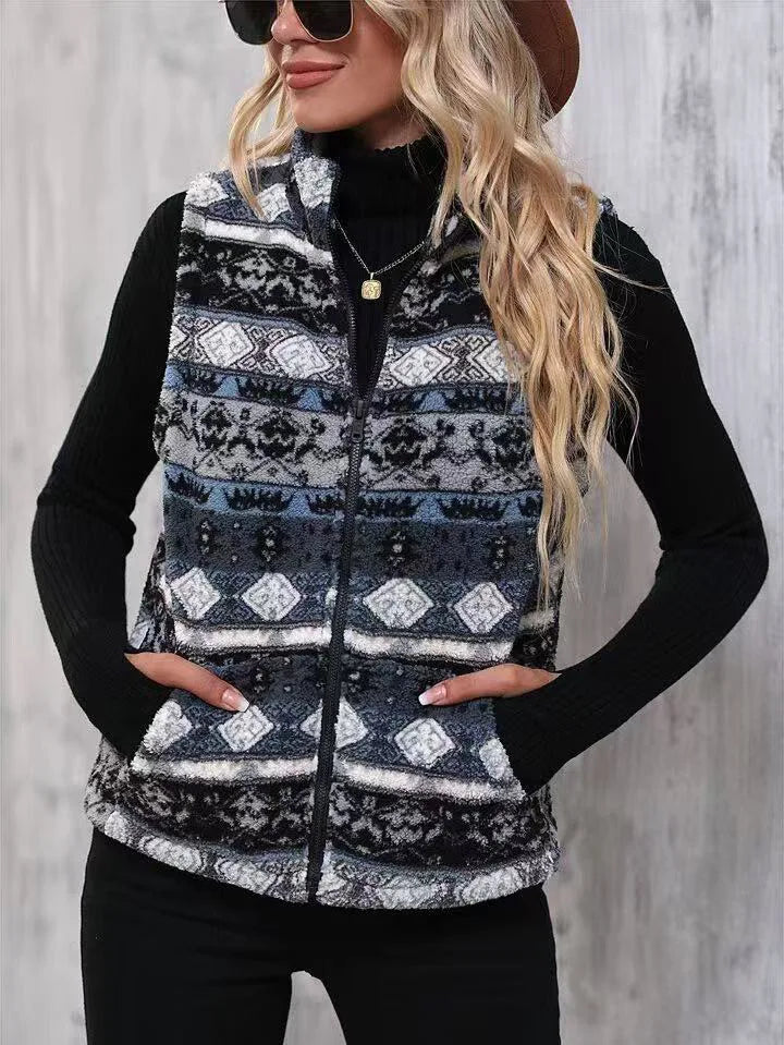 VigoCasey 2025 Casual Print Zipper Thick Vest Coat Woman Sleeveless Warm Plush Waistcoat Lady Autumn Winter Short Vest Jacket