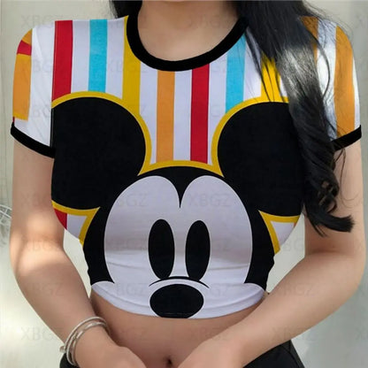 T-shirts Slim Fit Y2k Print Woman Clothes Cartoon Fashion Blouses 2024 Sexy Women's T-shirt Mickey Crop Top Minnie Mouse Disney