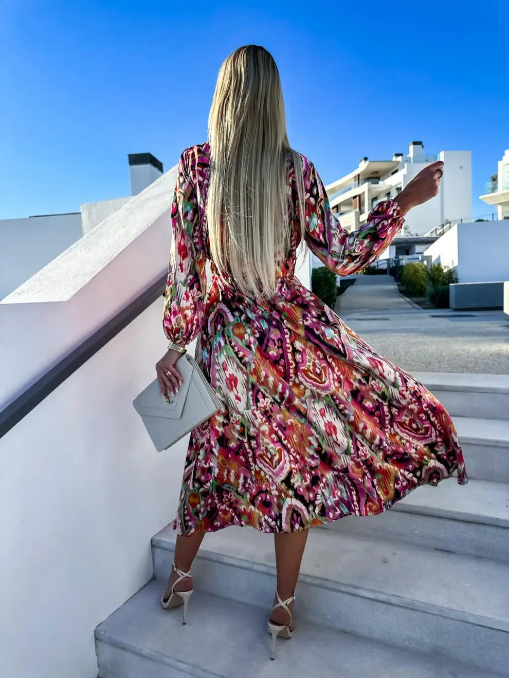 Autumn Women Floral Print Long Dress Elegant Sexy Deep V-Neck High Split Belted Dress Female Vintage Boho Long Sleeve Party Robe