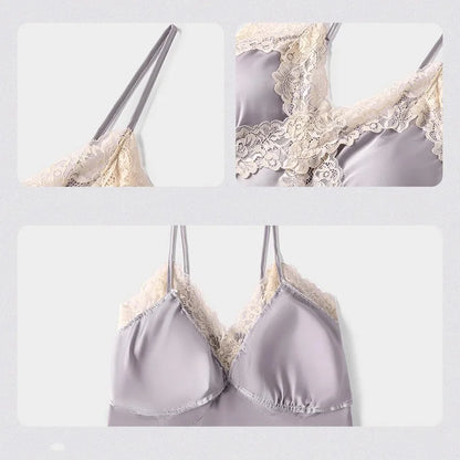 Womens Sexy Satin Pajama Set Lace Trim Cami Top Shorts Lingerie Sleepwear Silky Black Cream V Neck Spaghetti Strap Two Piece