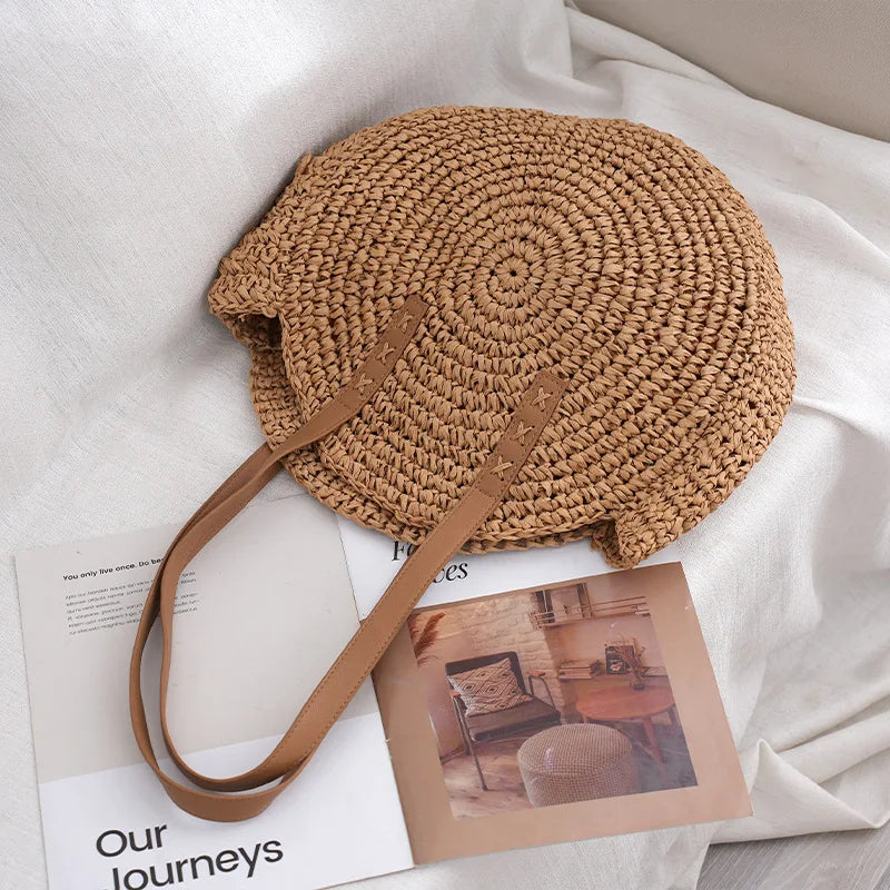 Round Straw Beach Bag Vintage Handmade Woven Shoulder Bag Raffia circle Rattan bags Bohemian Summer Vacation Casual Bags