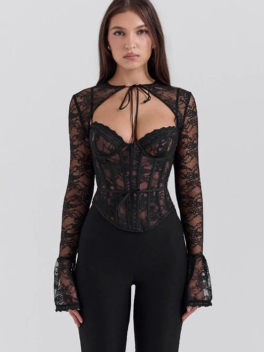 Fantoye Sexy See Through Lace Women Tops Black Long Sleeve Print Floral Two Piece Sets Female Autumn Skinny Elegant Streetwear
