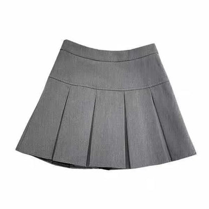 ZOKI  Vintage Gray Pleated Skirt Women Kawaii High Waist Mini Skirts Korean Fashion School Uniform Harajuku Streetwear Spring