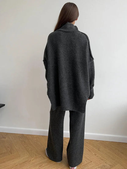 Bornladies Women's Autumn Winter Turtleneck Sweater Pants Set Loose Casual Knitted Sweater  Thicke Loose Pullover 2 Pieces Sets